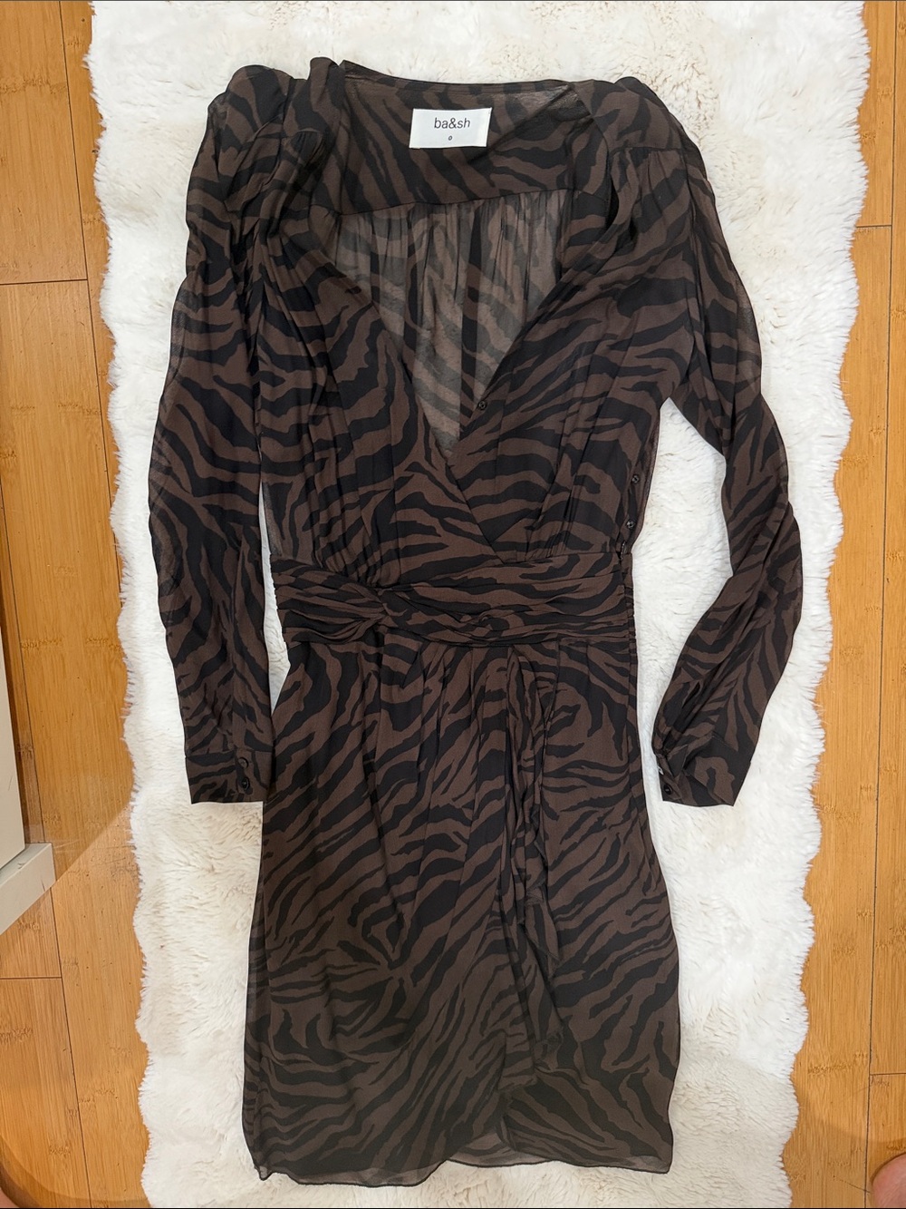 ba&sh Brown and Black Zebra-Print Long Sleeve Wrap Dress